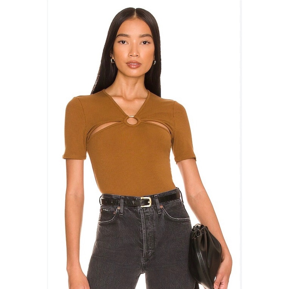 Pistola Women Amber Brown Ribbed Avalon O-Ring Cutout Top P5149CRB-ABN Size S